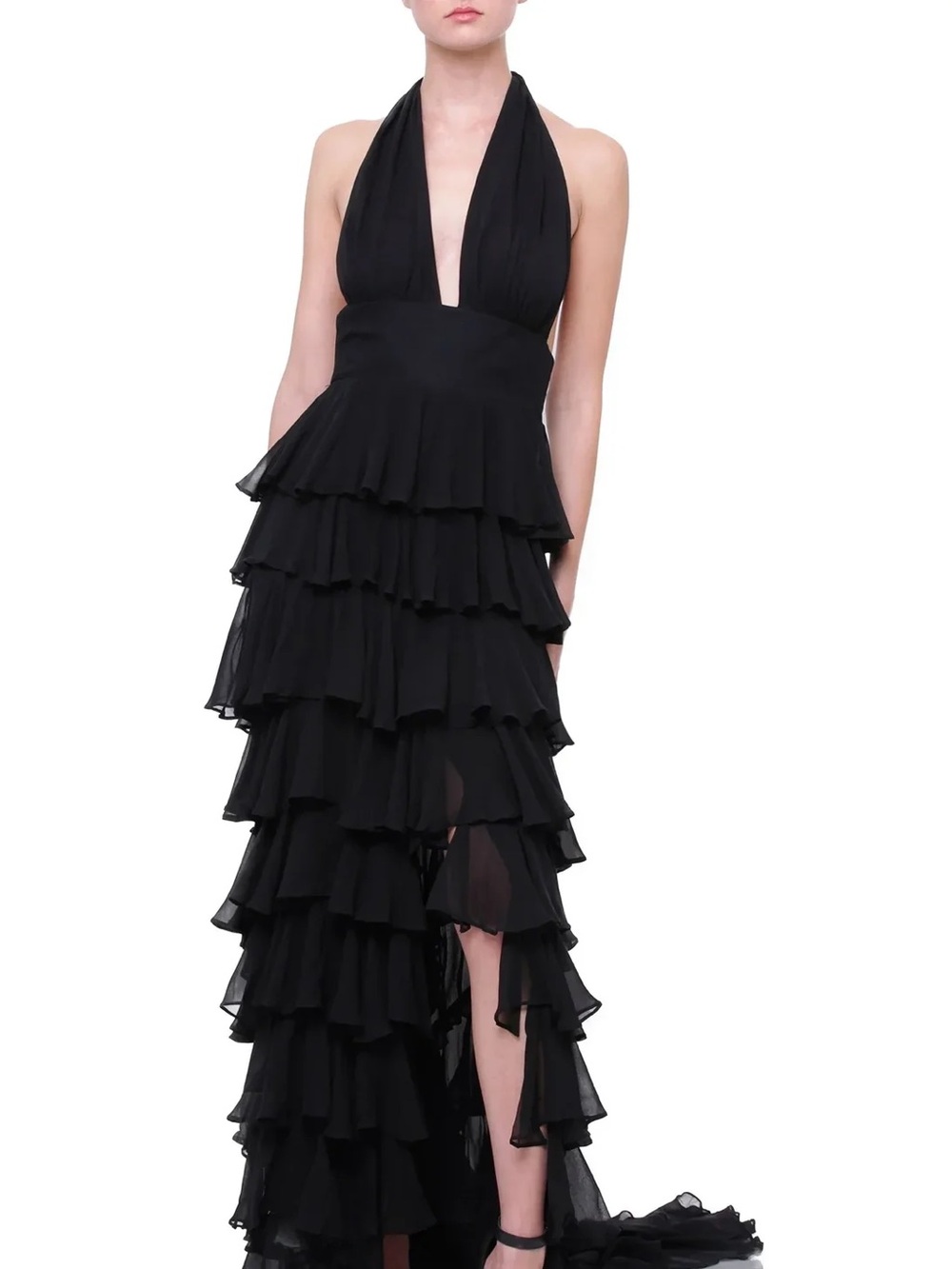Black Halter Ruffle Tiered Maxi Dress